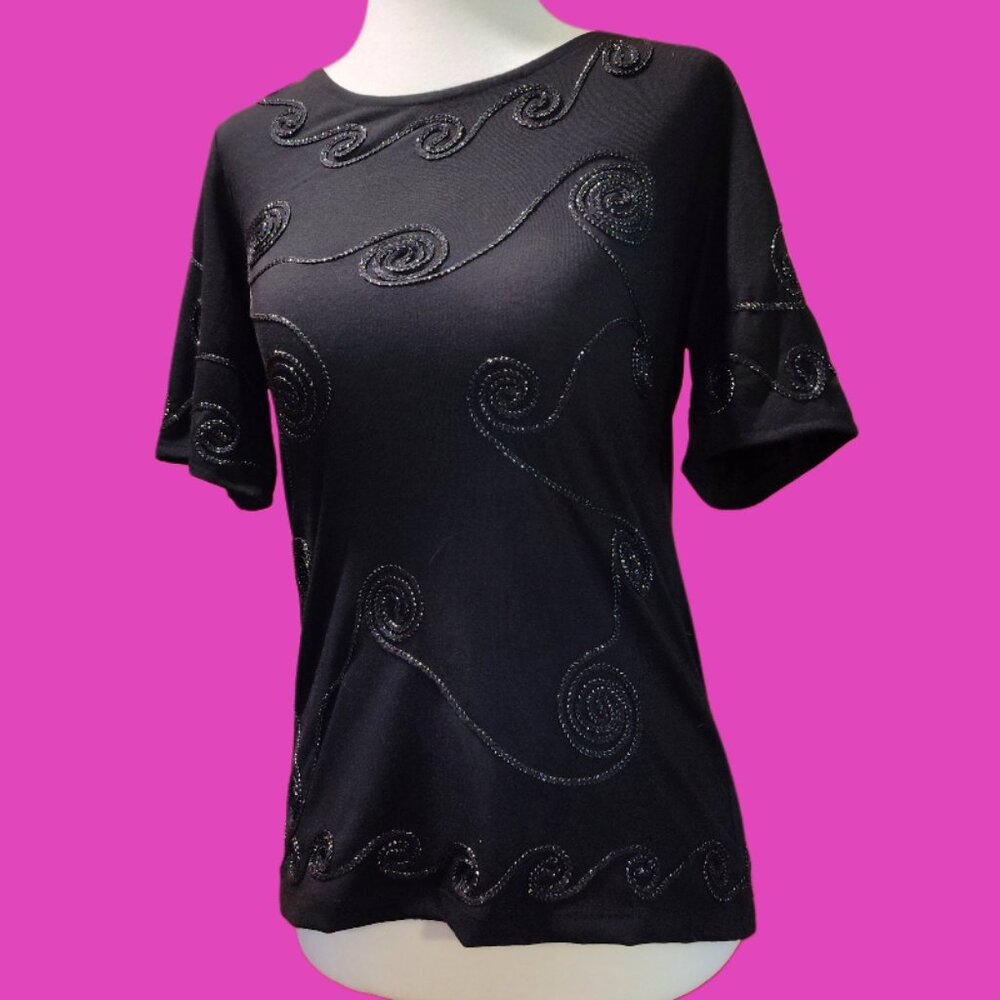 Women's Cute Black Whimsigoth Glitter Short Sleeve Blouse Top
